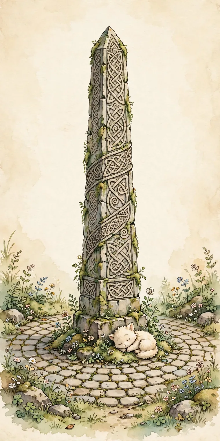 the oathstone: a tall moss-covered obelisk carved with celtic knotwork, standing on a cobblestone plaza with a small fluffy creature asleep at its base